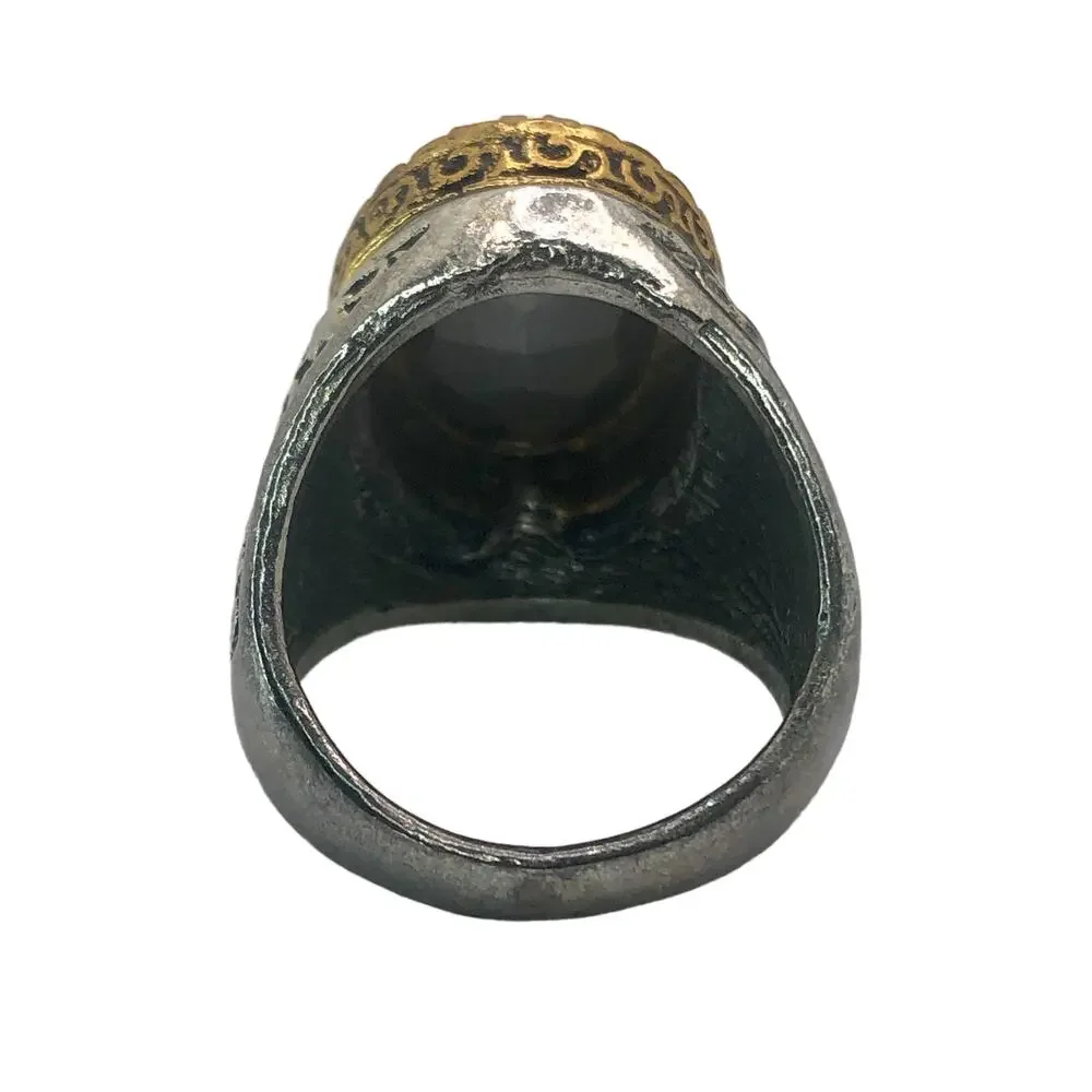 Silver, Gold, and Green Rhinestone Statement Ring - Size 9